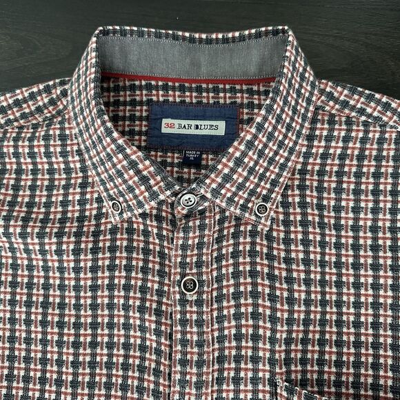 32 Bar Blues Back Beats Basket Weave Shirt Men’s XL Textured Red Charcoal Plaid - Picture 5 of 10